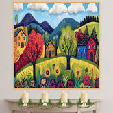 Colorful Folk Art Canvas – Bright Village Homes, Blooming Trees, and Flowers in a Mountain Landscape on Ready to Hang 1.5" Thick Canvas Wrap, Floating Framed Canvas, Flat Rolled Canvas